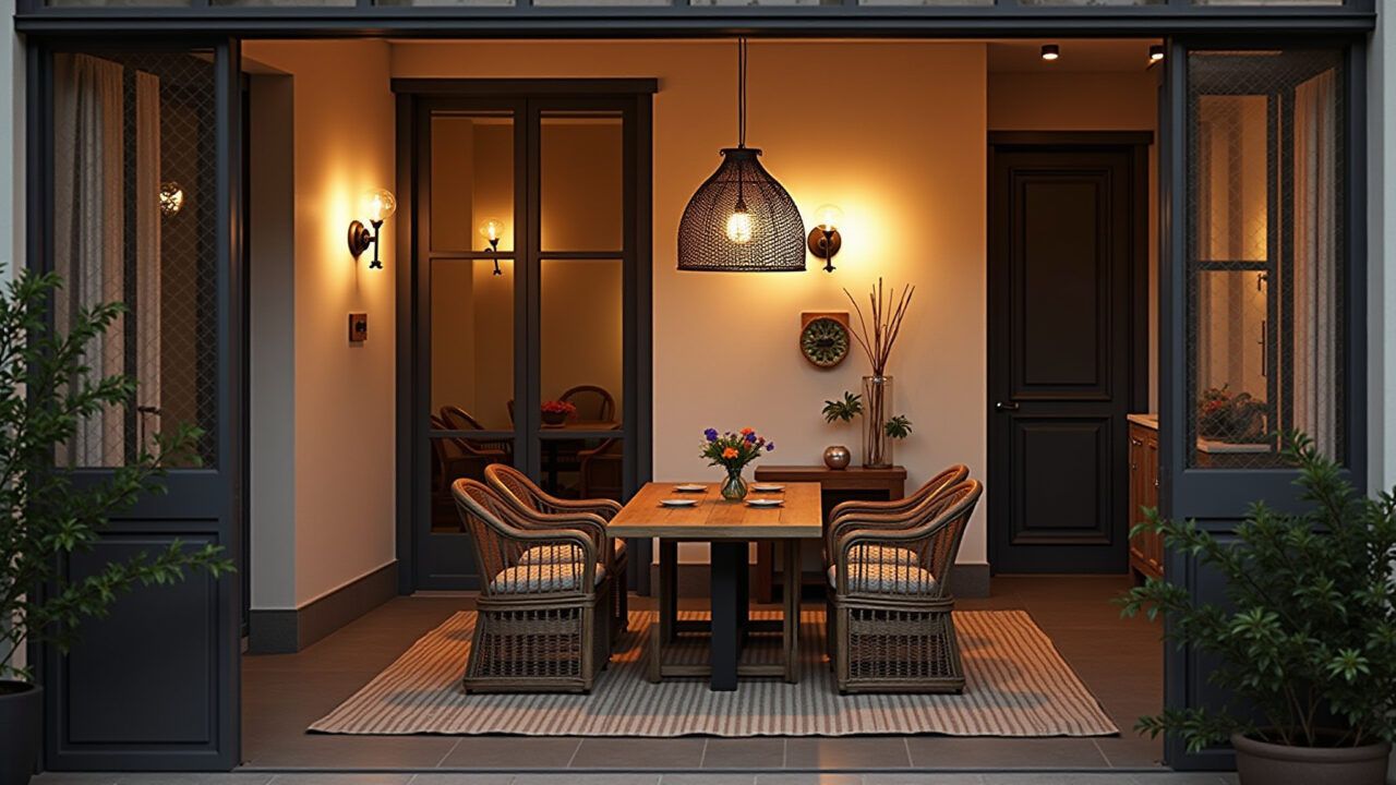 Lifestyle photography of a double height balcony with modern pendant lights, wall sconces, indirect Iluminação estratégica em varanda com pé direito duplo.