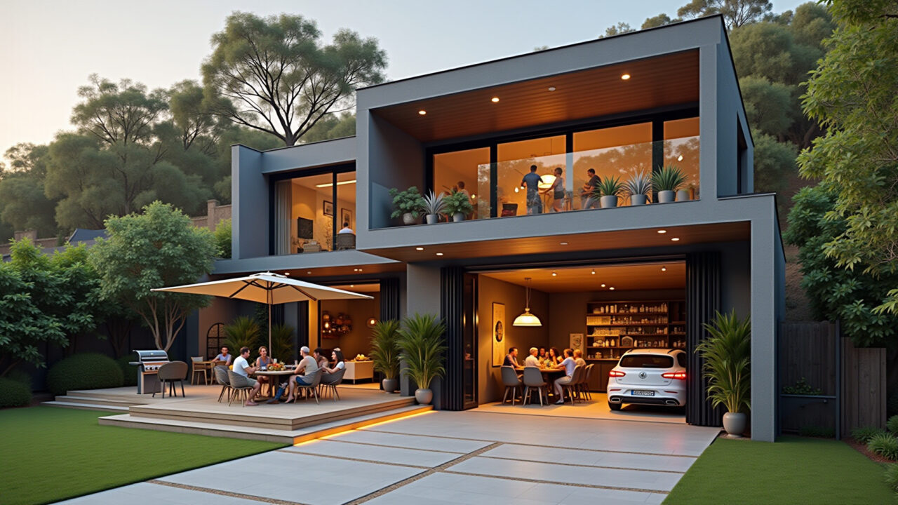 Lifestyle photography of a double height garage integrated with the social area, barbecue, and Garagem com pé direito duplo integrada à área social.