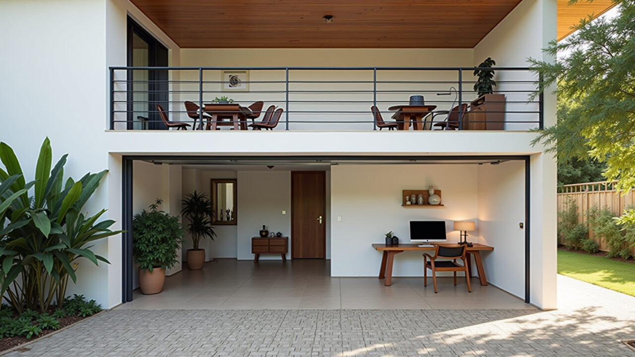 Lifestyle photography of a double height garage with a mezzanine office space, desk, chair, and Garagem com pé direito duplo e mezanino para escritório.