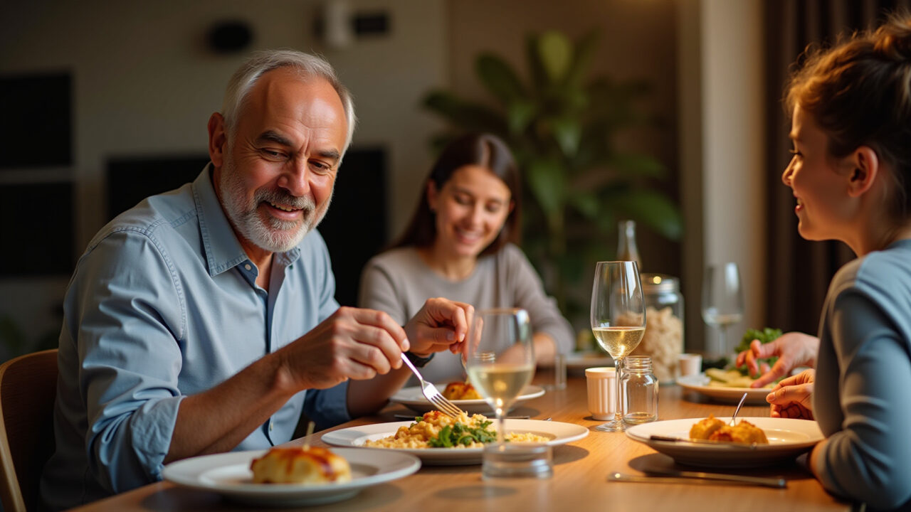 Lifestyle photography of a father enjoying a gourmet dinner at home, beautifully set table, Pai desfrutando de um jantar gourmet em casa.