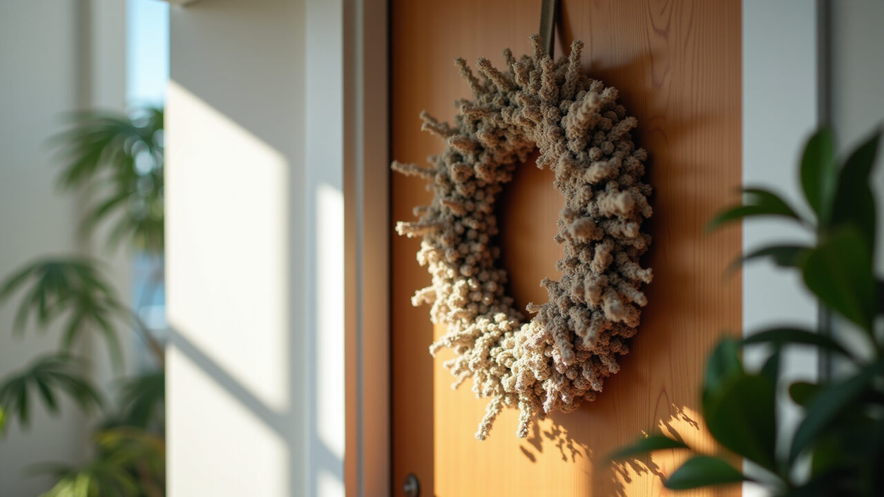 Lifestyle photography of a front door decorated with a macrame wreath with dried flowers, welcoming Porta de entrada decorada com guirlanda de macramê e flores secas.