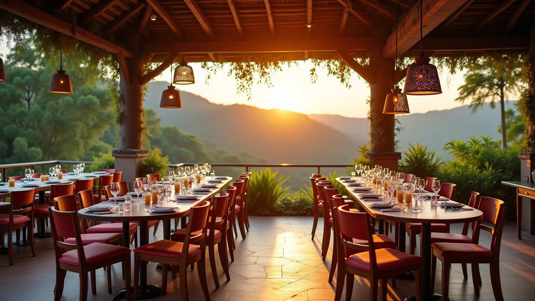Área gourmet com jantar ao ar livre e paisagem brasileira ao fundo.