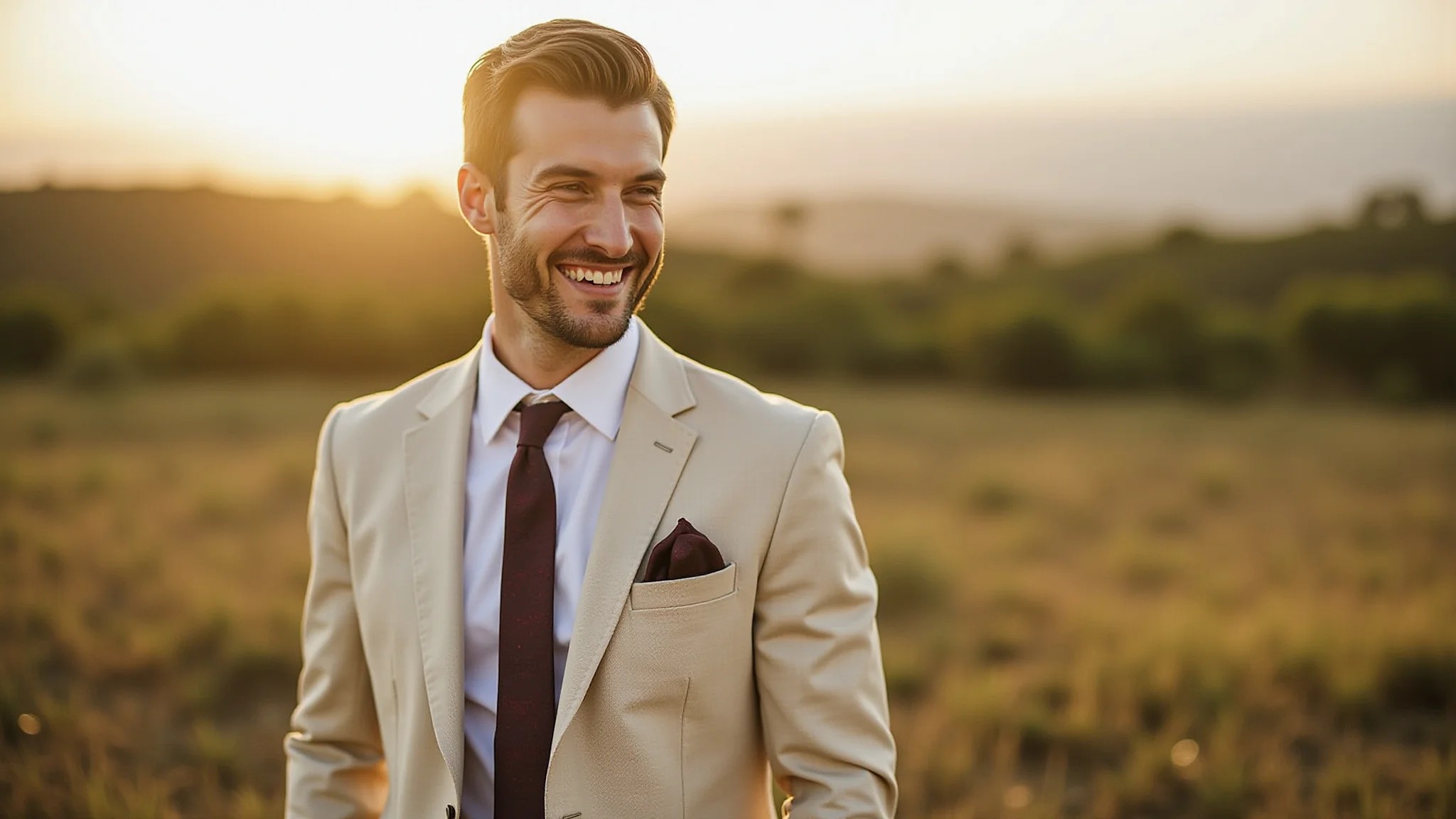 Noivo com terno de linho bege em casamento diurno ao ar livre com paisagem brasileira.