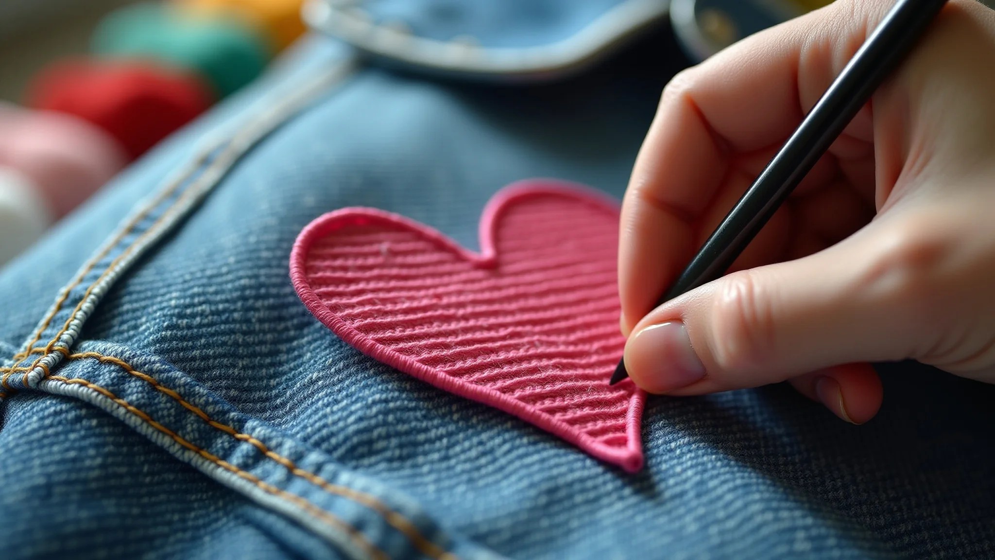 Coração de tecido sendo costurado em jaqueta jeans, customização de roupa.