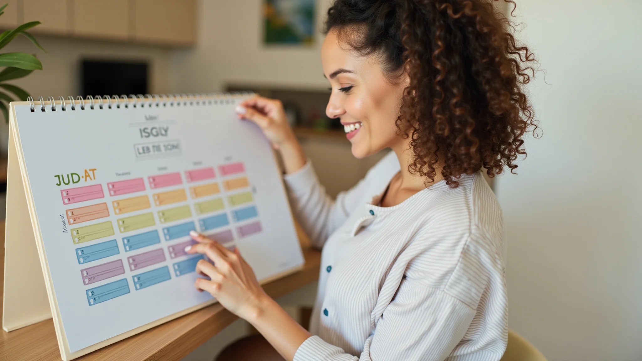Mulher jovem marcando dias férteis no calendário, esperançosa para engravidar.