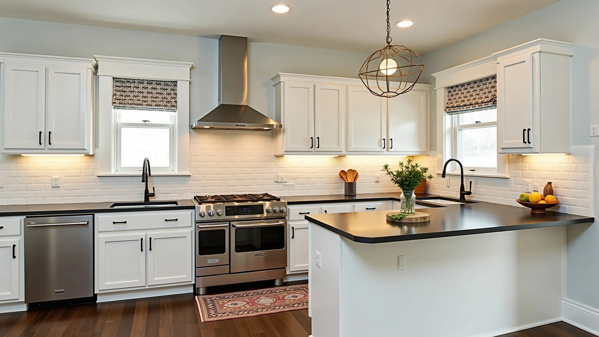 Cozinha renovada com retrofit, combinando charme vintage com eletrodomésticos modernos.