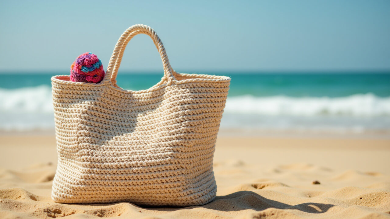 Bolsa de crochê de praia grande e leve.