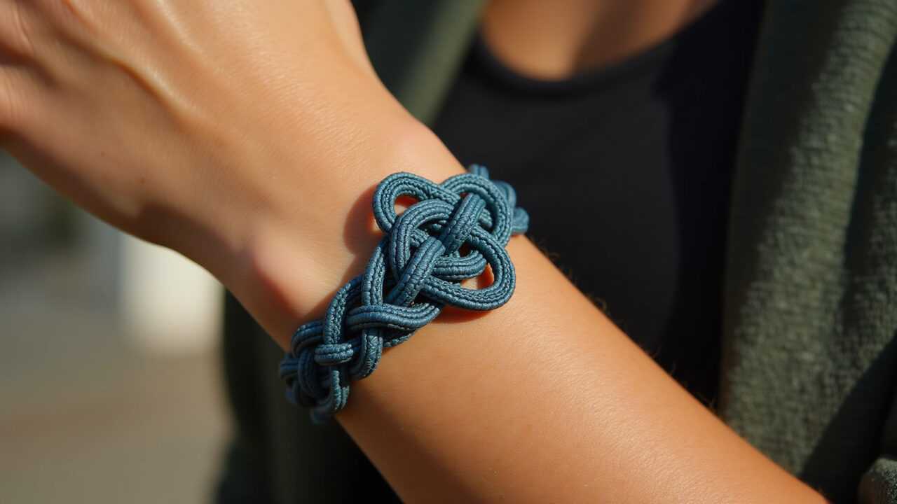 Lifestyle photography of a macrame bracelet with Celtic knots, worn on a woman's wrist, natural Pulseira de macramê com nós celtas no pulso de uma mulher.