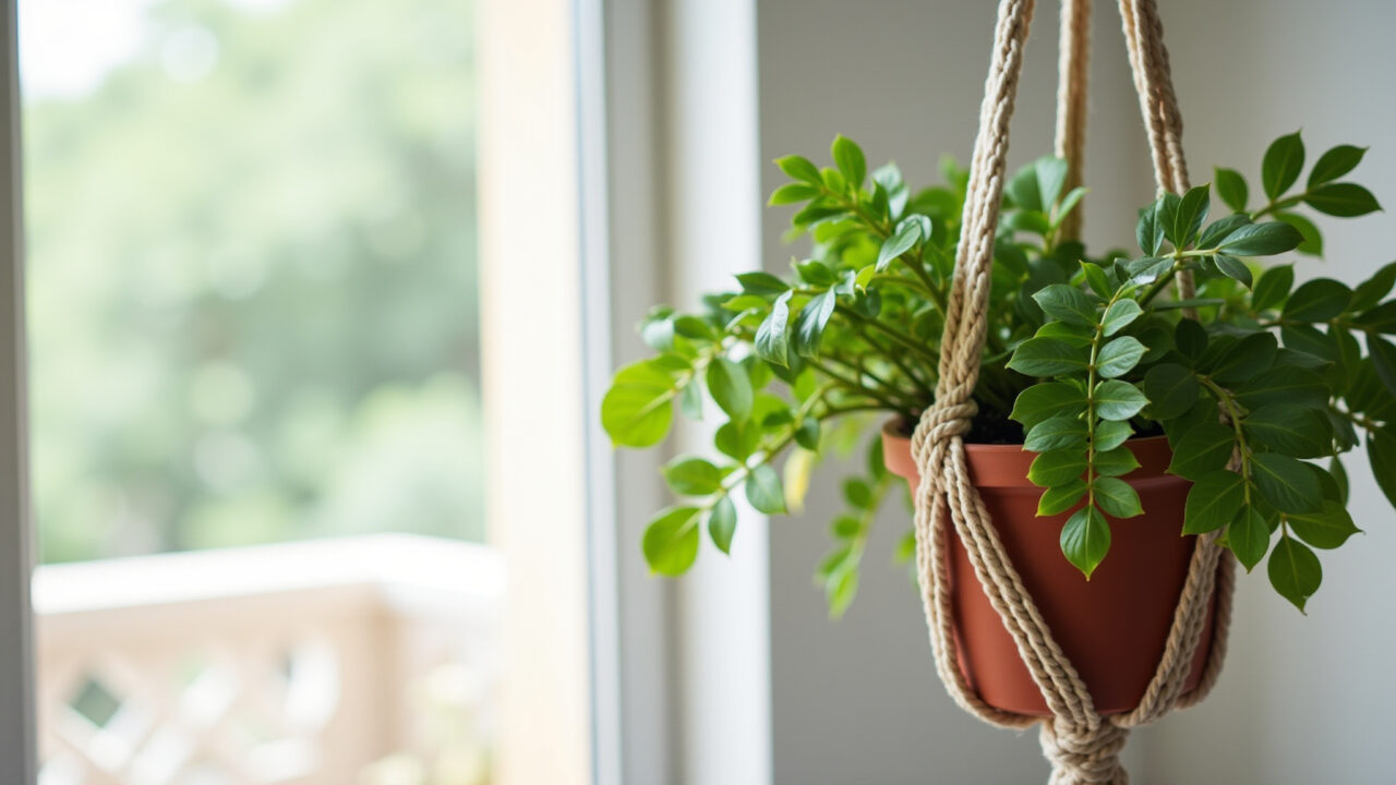 Suporte de planta suspenso feito de macramê com uma planta verde vibrante.