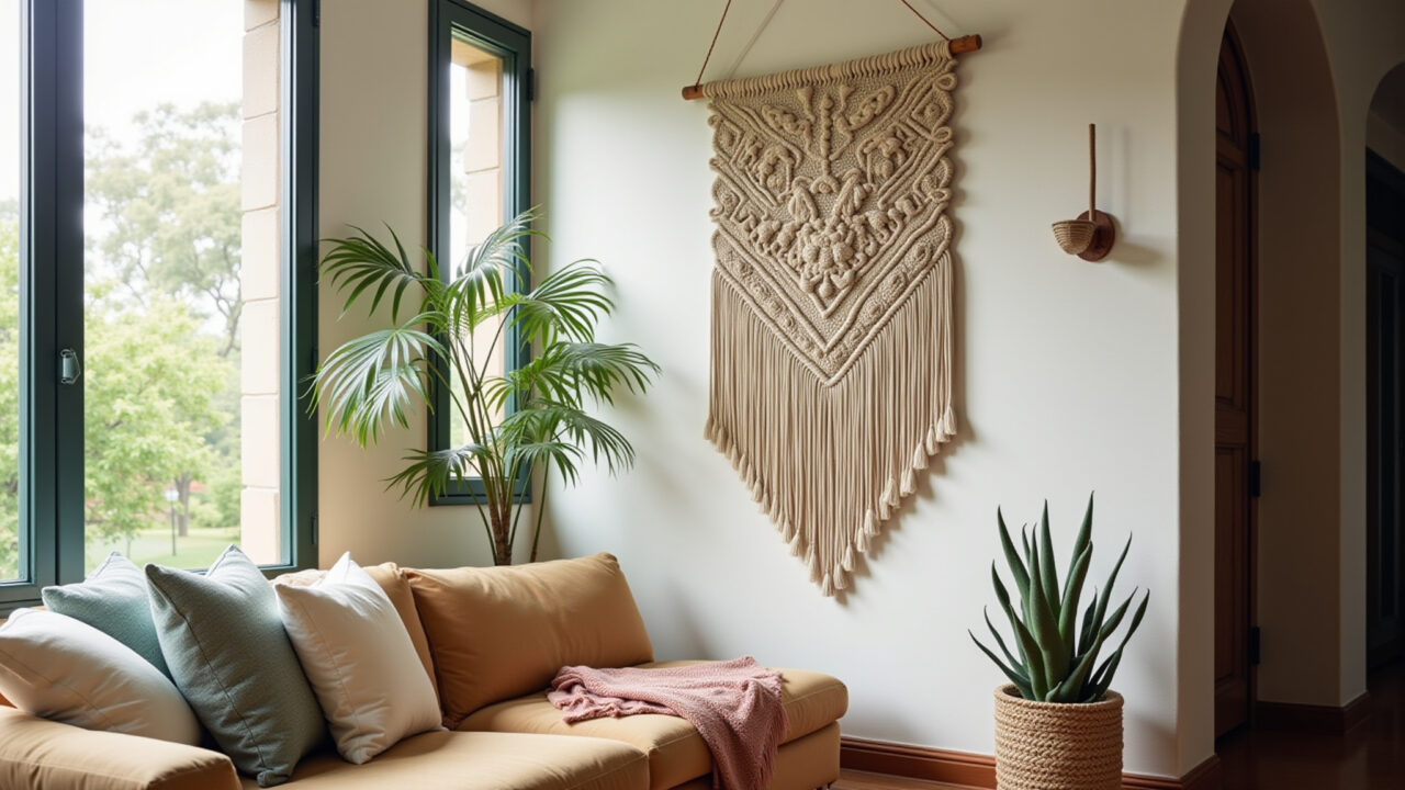 Painel de macramê em uma sala de estar boho-chic.