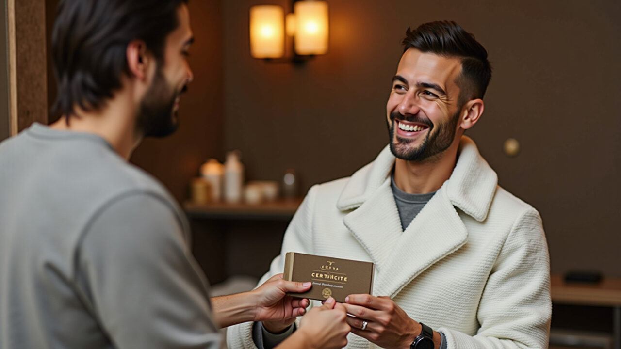 Lifestyle photography of a man receiving a spa gift certificate, relaxed expression, elegant spa Vale-presente para um dia de spa ou barbearia.