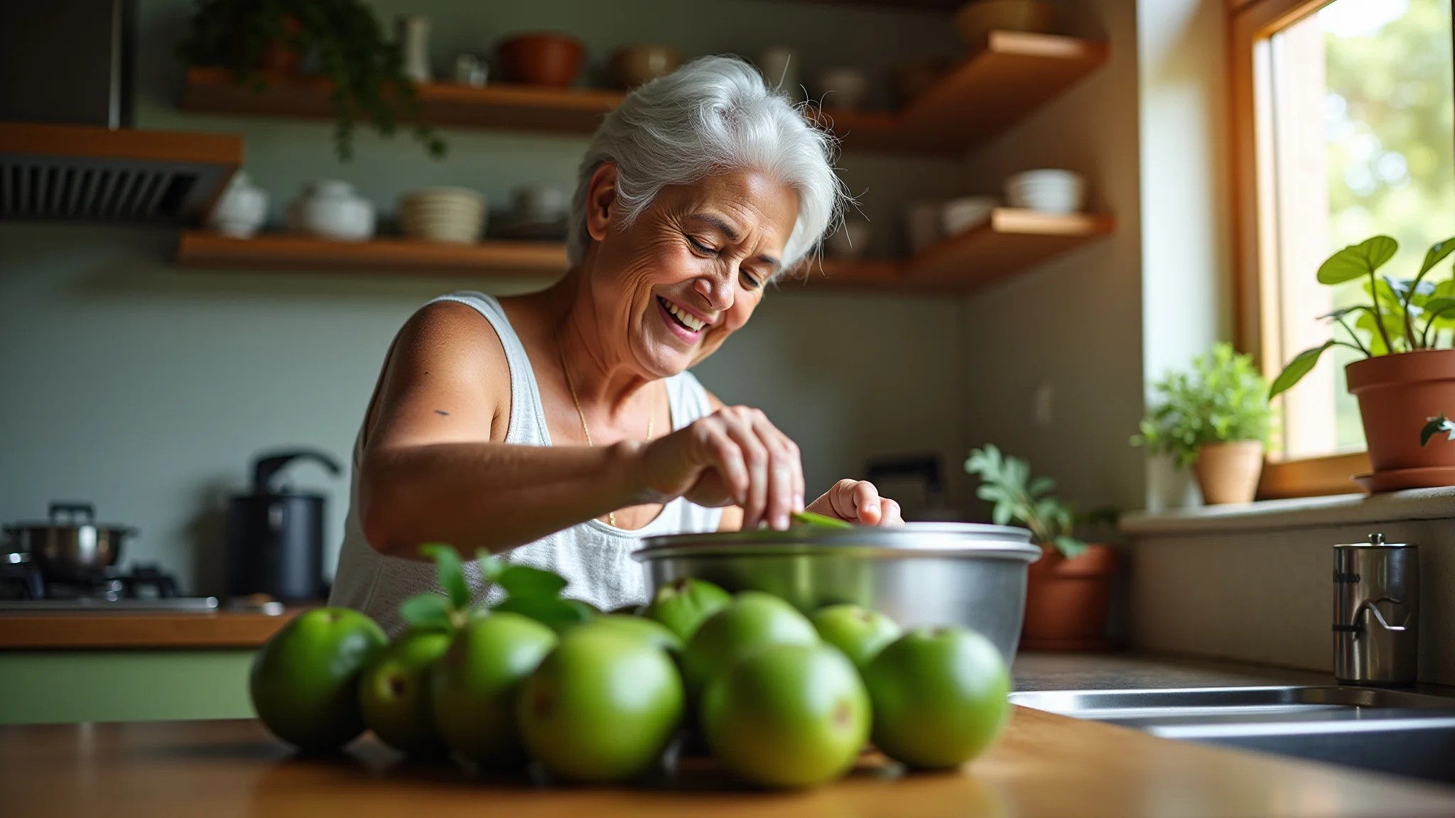 Mulher brasileira preparando chá de folha de goiaba em cozinha ensolarada.