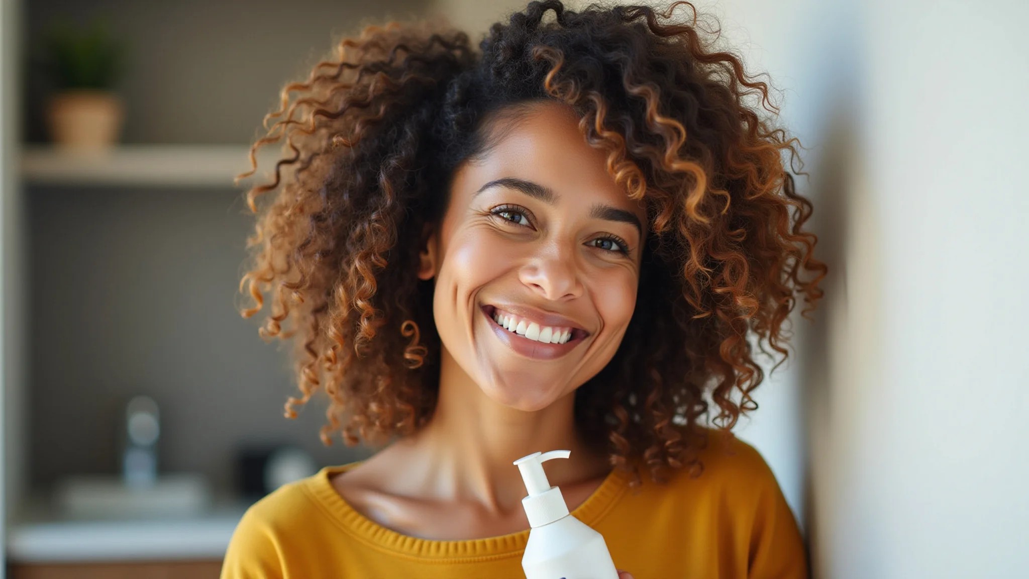 Mulher brasileira em transição capilar, sorrindo confiante enquanto usa ativador de cachos.