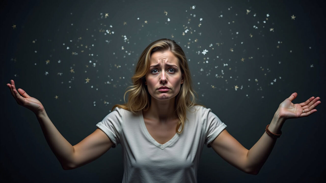 Lifestyle photography of a person looking stressed and overwhelmed, surrounded by problems, Pessoa estressada e sobrecarregada, representando as consequências negativas.