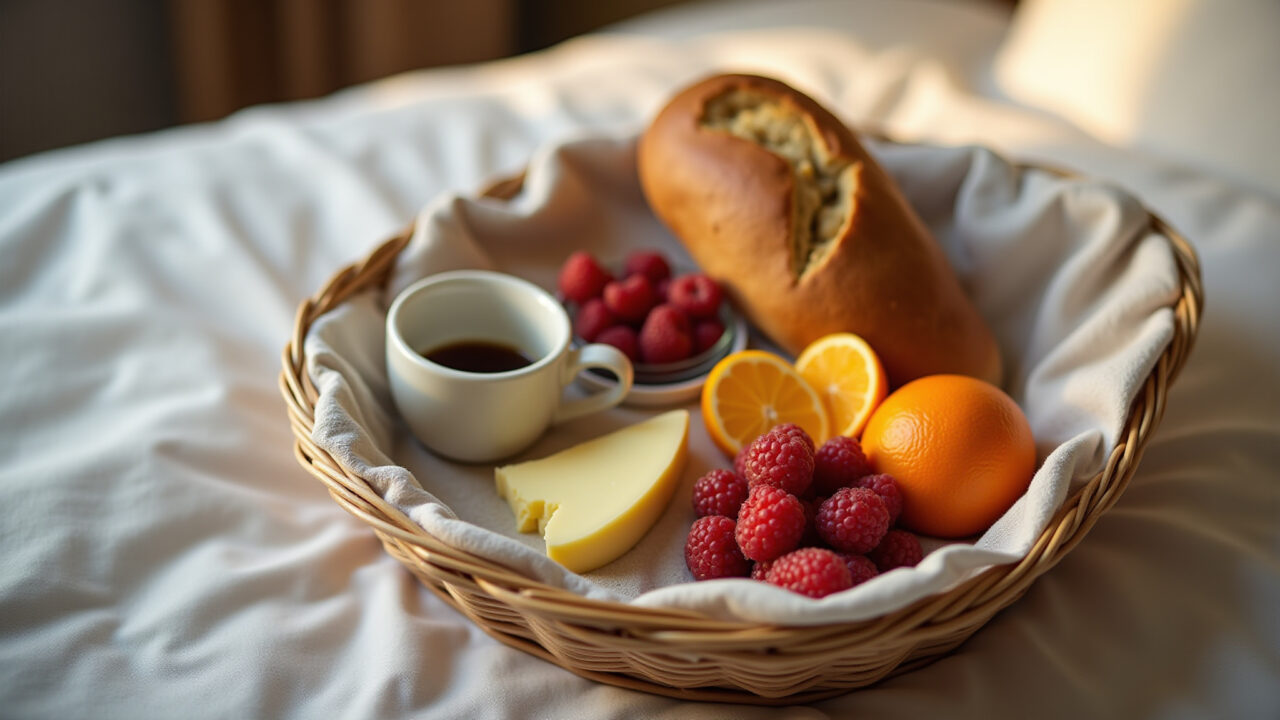 Lifestyle photography of a personalized breakfast basket with bread, fruits, cheese, and coffee, Cesta de café da manhã personalizada para o Dia dos Pais.