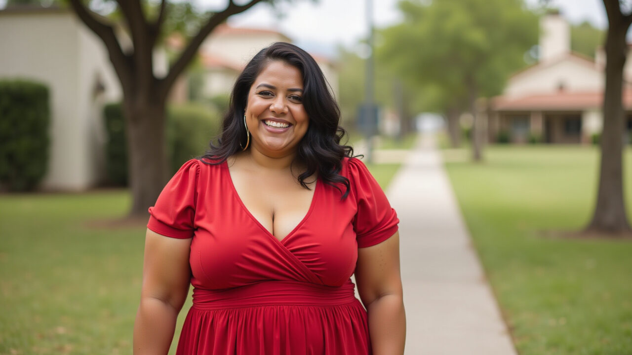Mulher plus size sorrindo com vestido midi vermelho.