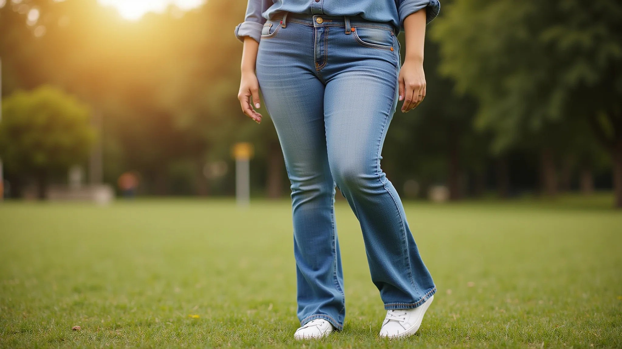 Brasileira plus-size usando calça flare e tênis brancos em um parque.