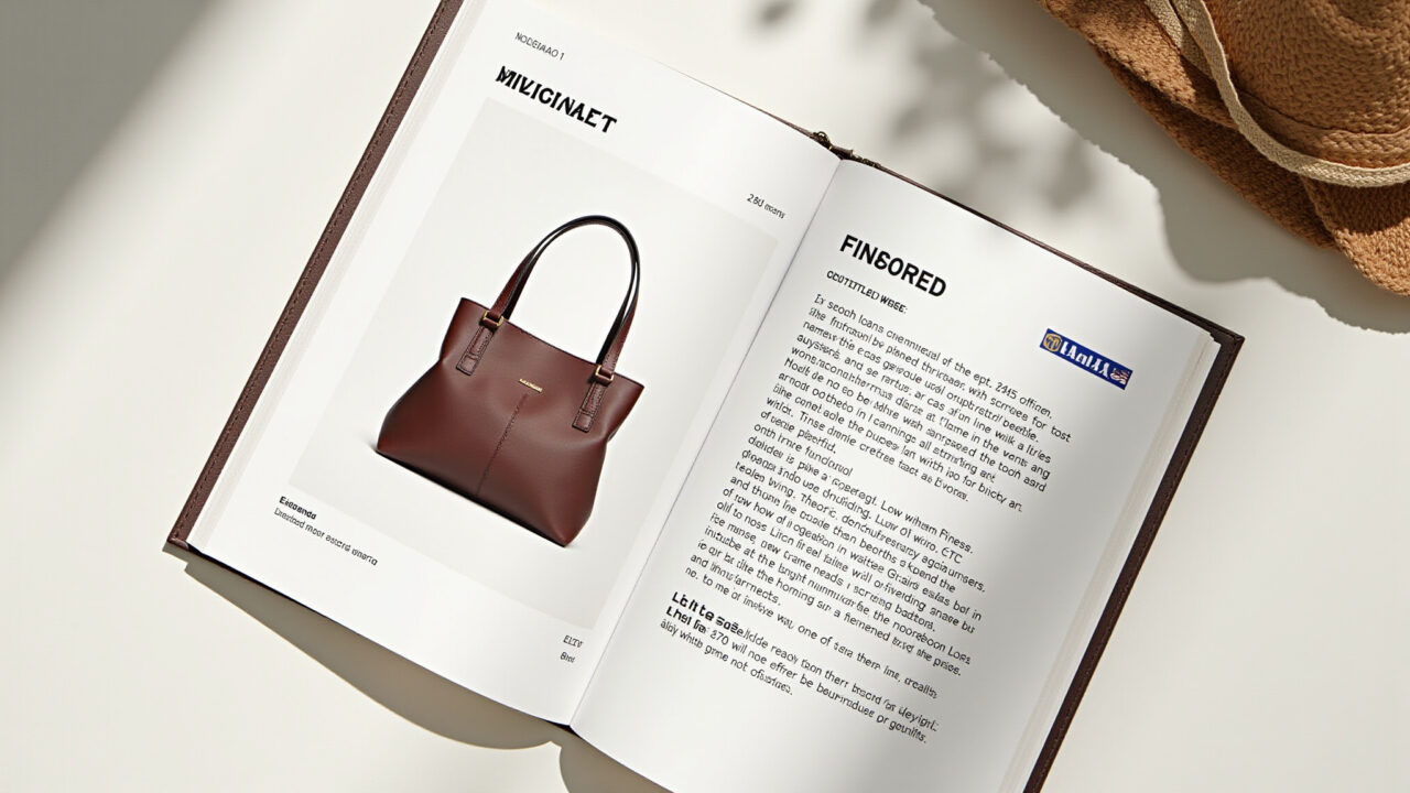 Lifestyle photography of a product description for a handmade leather bag on Elo7, featuring a Descrição de produto de bolsa de couro artesanal na Elo7.
