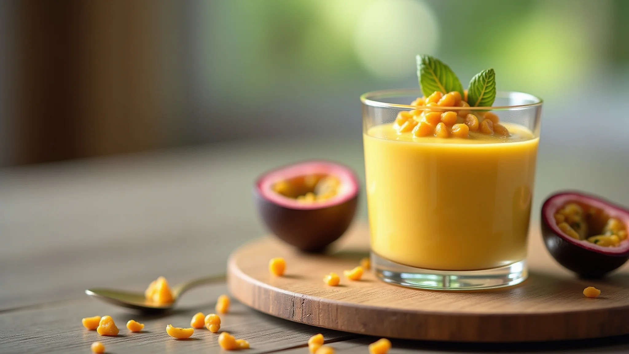Mousse de maracujá refrescante em copo de vidro com sementes.