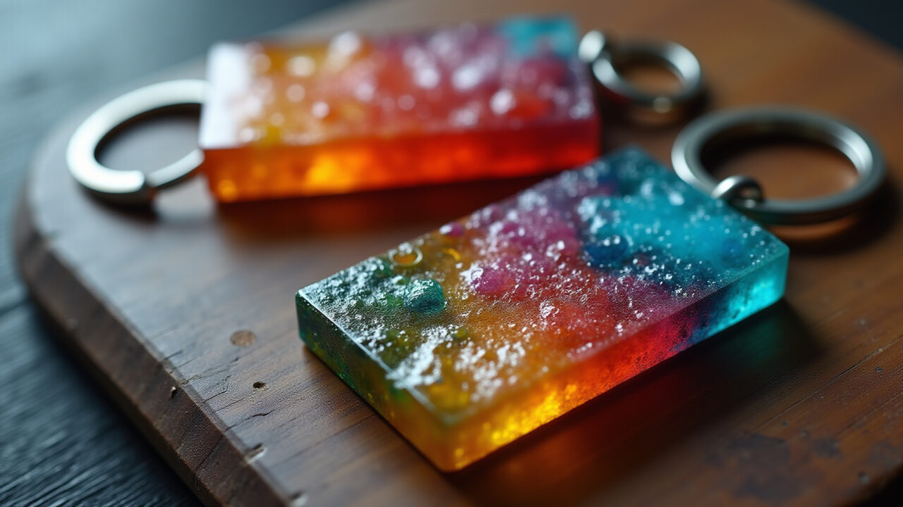 Chaveiro de resina com cores vibrantes e pigmentos.