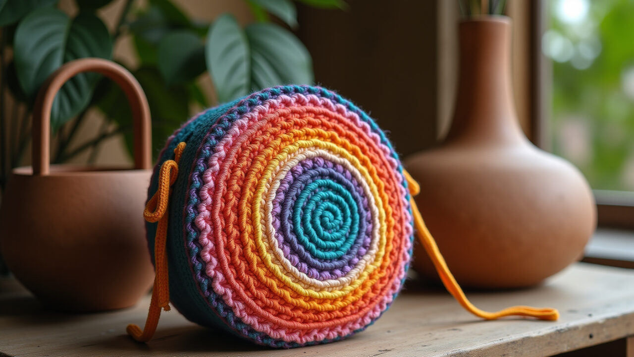 Bolsa de crochê redonda com efeito degradê.