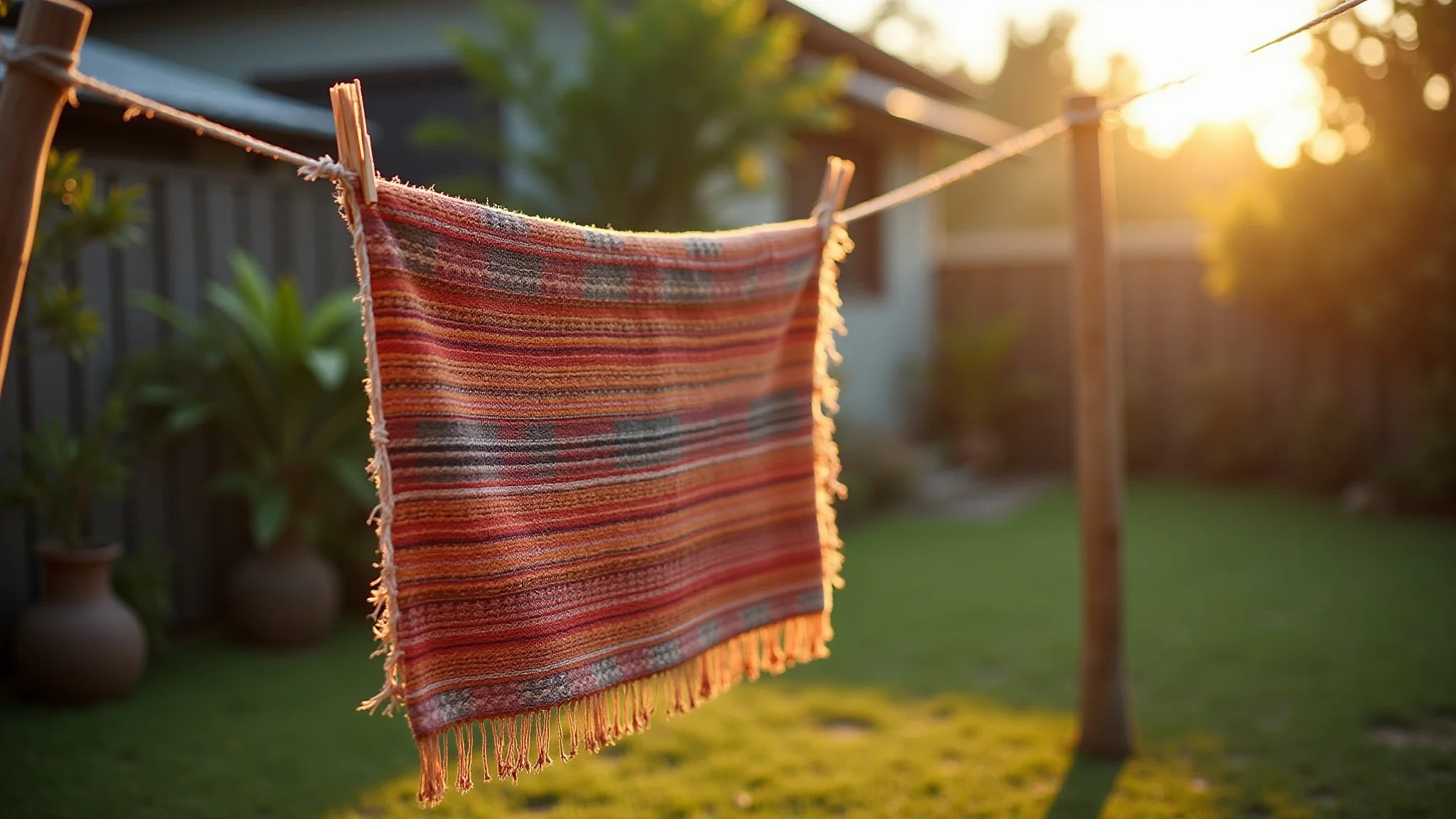 Tapete secando no varal em quintal ensolarado, casa brasileira, fotografia lifestyle.
