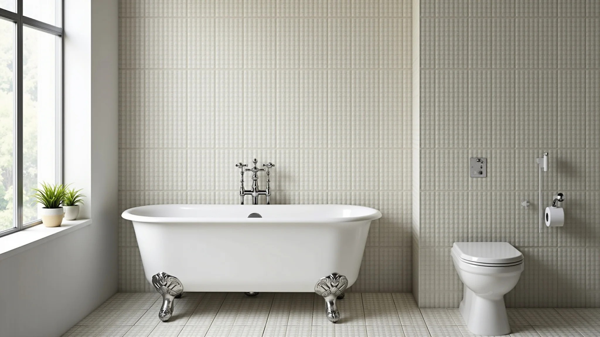 Banheiro pequeno com papel de parede adesivo imitando azulejos portugueses.