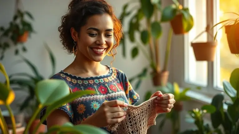 Mulher brasileira sorrindo em apartamento ensolarado no Rio, crocheteando blusa colorida.