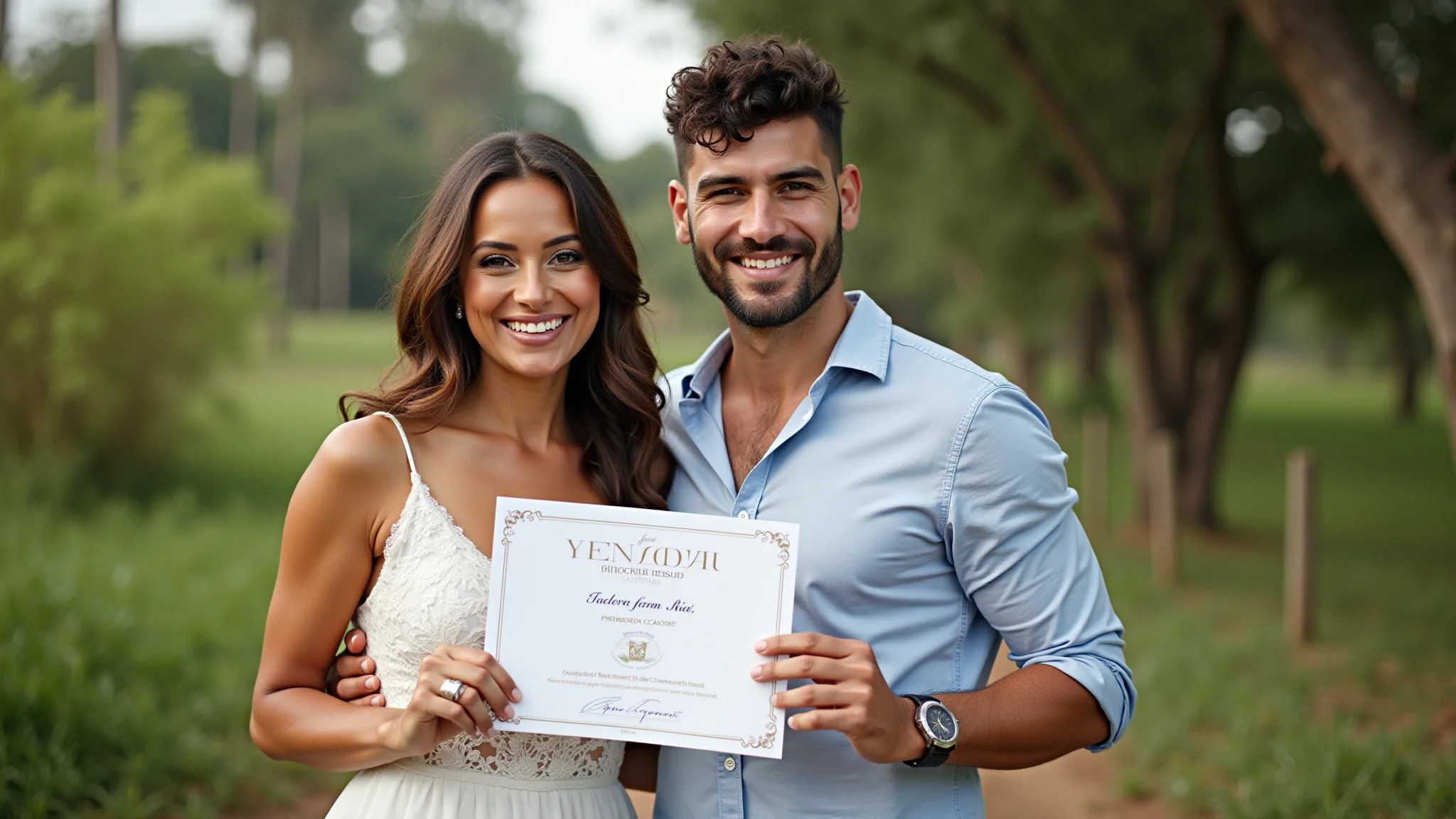 Casal brasileiro sorrindo com certidão de casamento.
