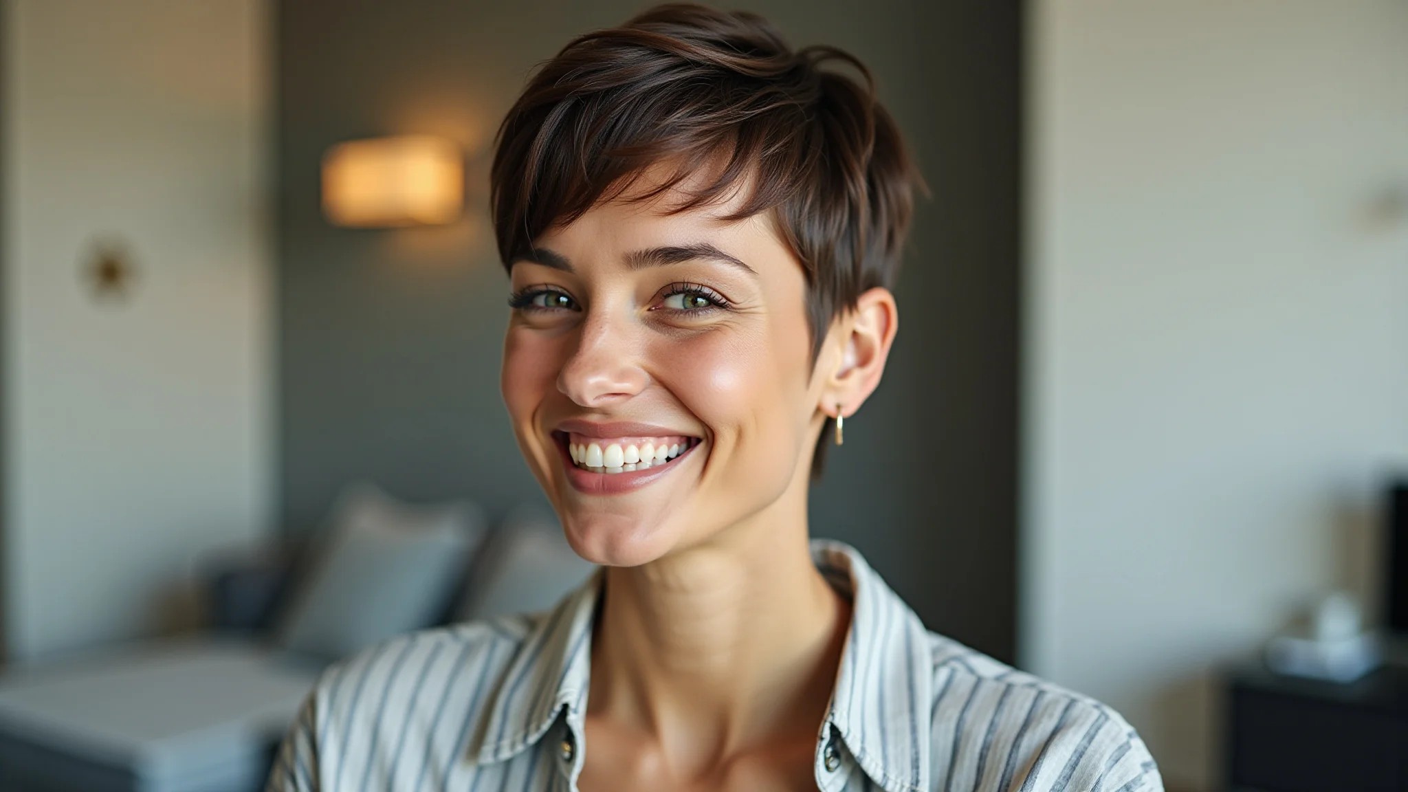 Mulher brasileira sorrindo com cabelo fino, exibindo um corte pixie estiloso para dar volume.