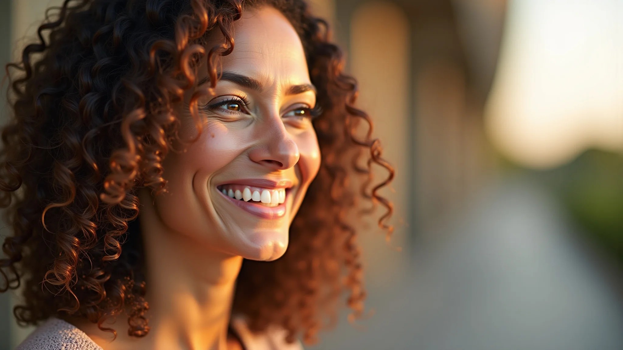Mulher madura sorrindo com cachos definidos após usar ativador.