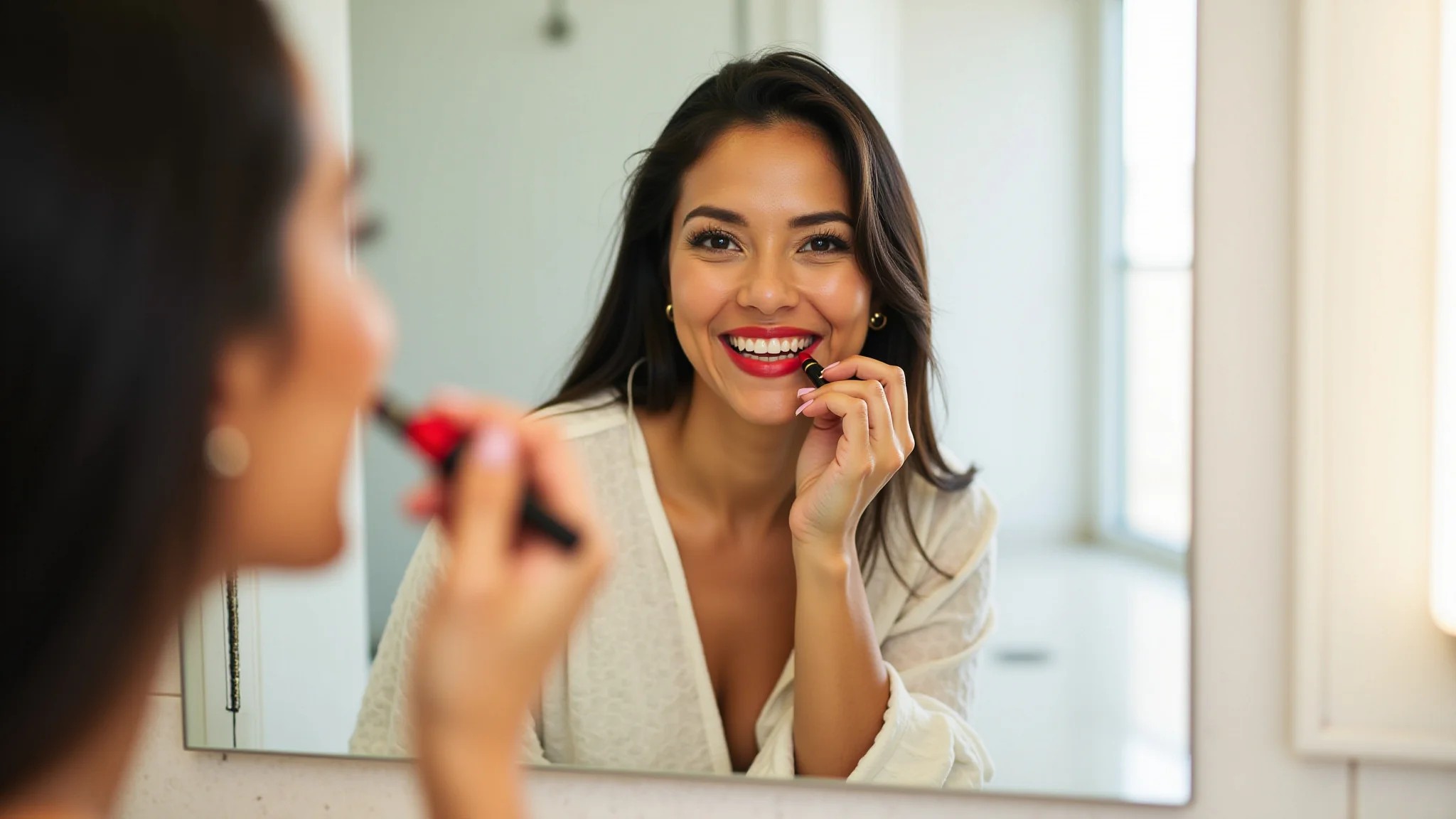 Morena sorrindo aplicando batom vermelho em banheiro iluminado, estilo brasileiro.