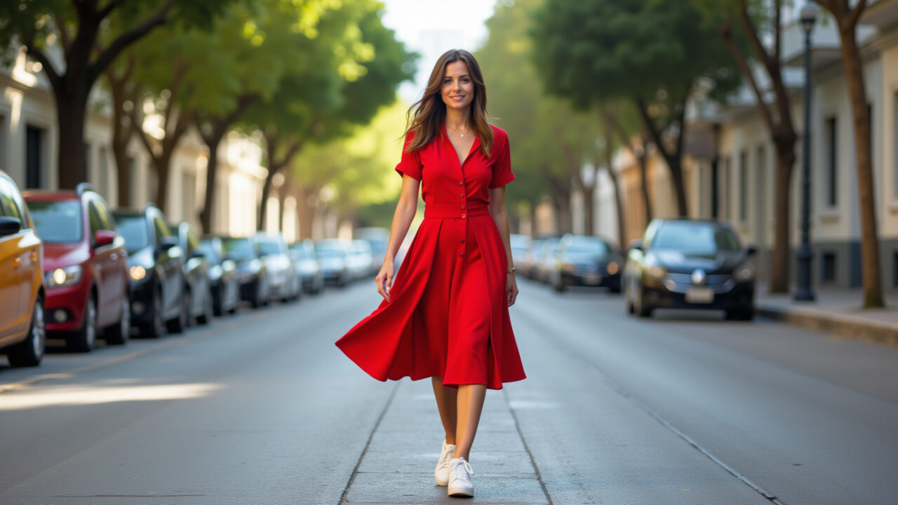 Mulher estilosa com vestido midi vermelho e tênis branco no Rio de Janeiro.