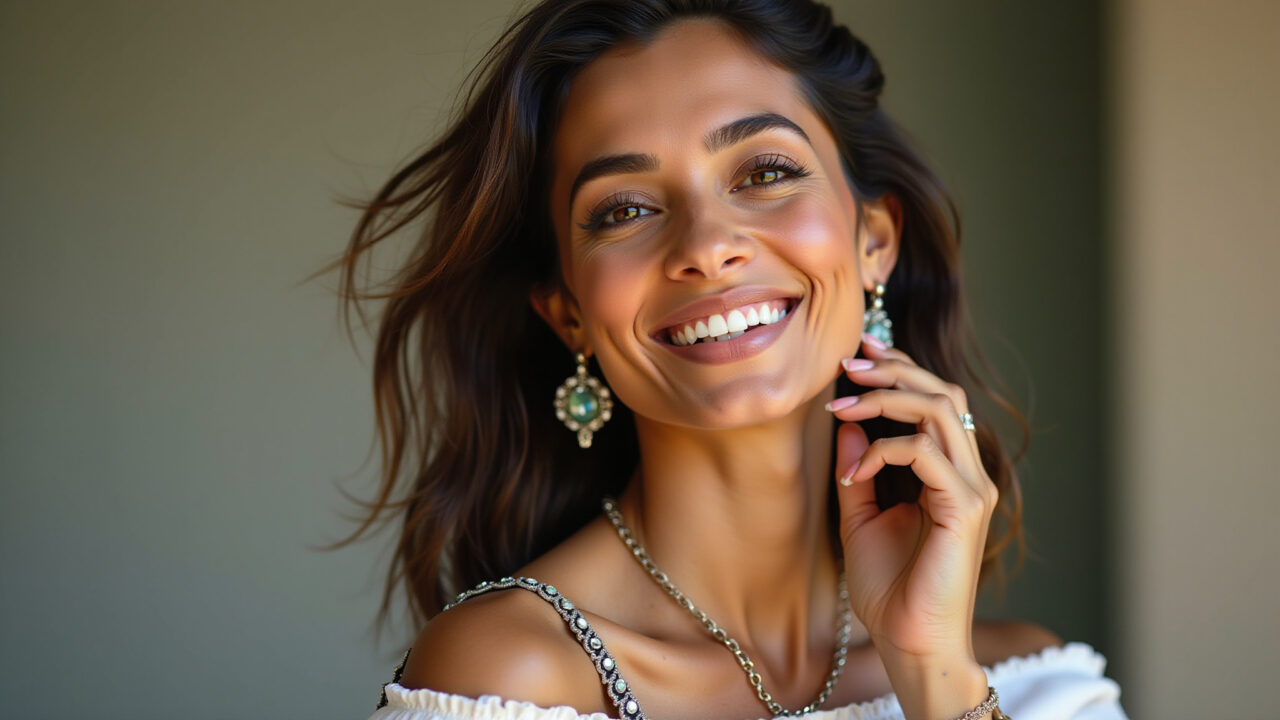 Mulher estilosa exibindo acessório de moda exclusivo, design brasileiro.