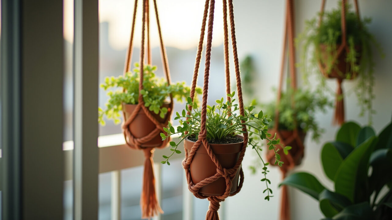 Lifestyle photography of a sunny balcony with hanging macrame plant holders containing various Varanda ensolarada com suportes de plantas em macramê.