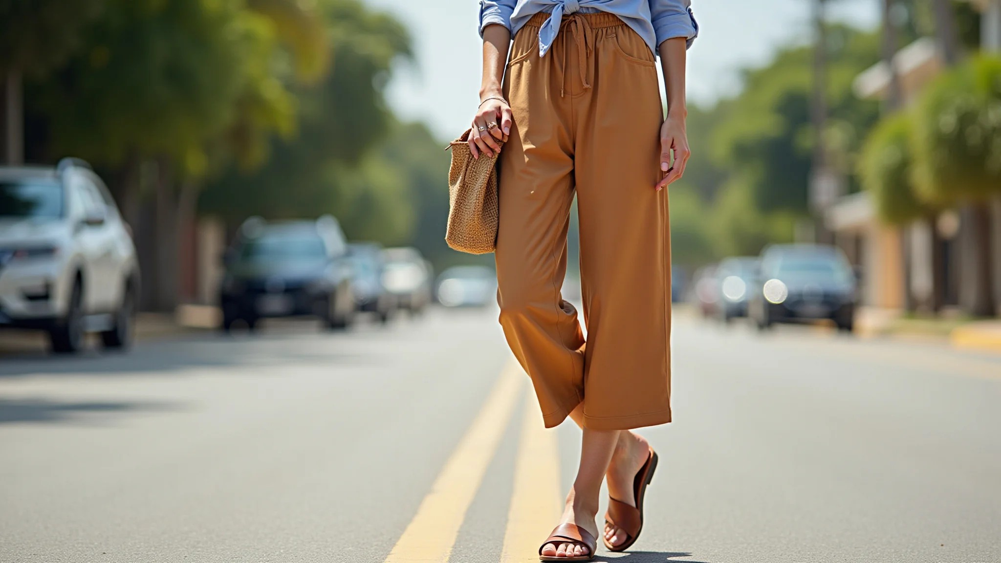 Mulher alta usando calça pantalona cropped e sandálias, estilo de rua brasileiro.
