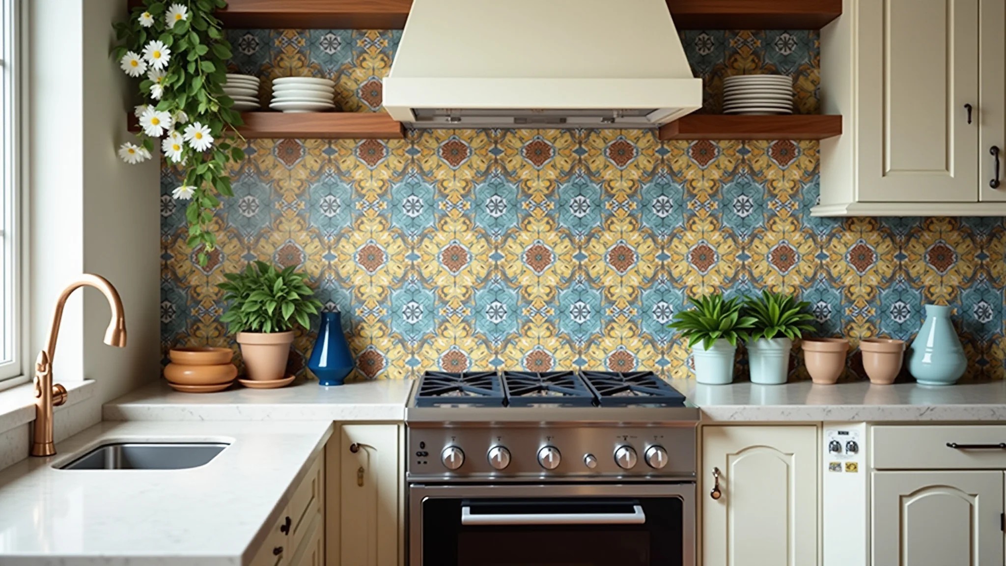 Cozinha vibrante com ladrilhos hidráulicos coloridos no backsplash.