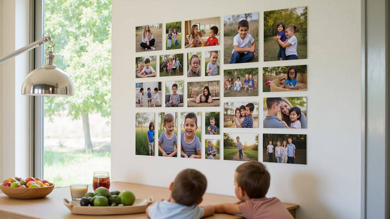 Parede decorada com colagem de fotos coloridas celebrando memórias infantis.