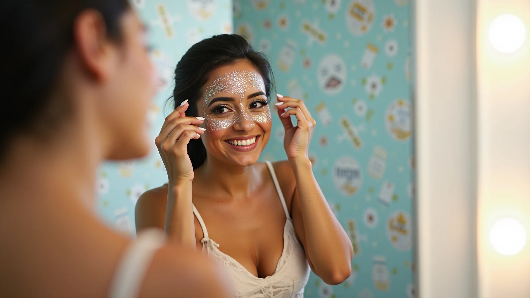 Mulher aplicando maquiagem de glitter em banheiro decorado para o carnaval.