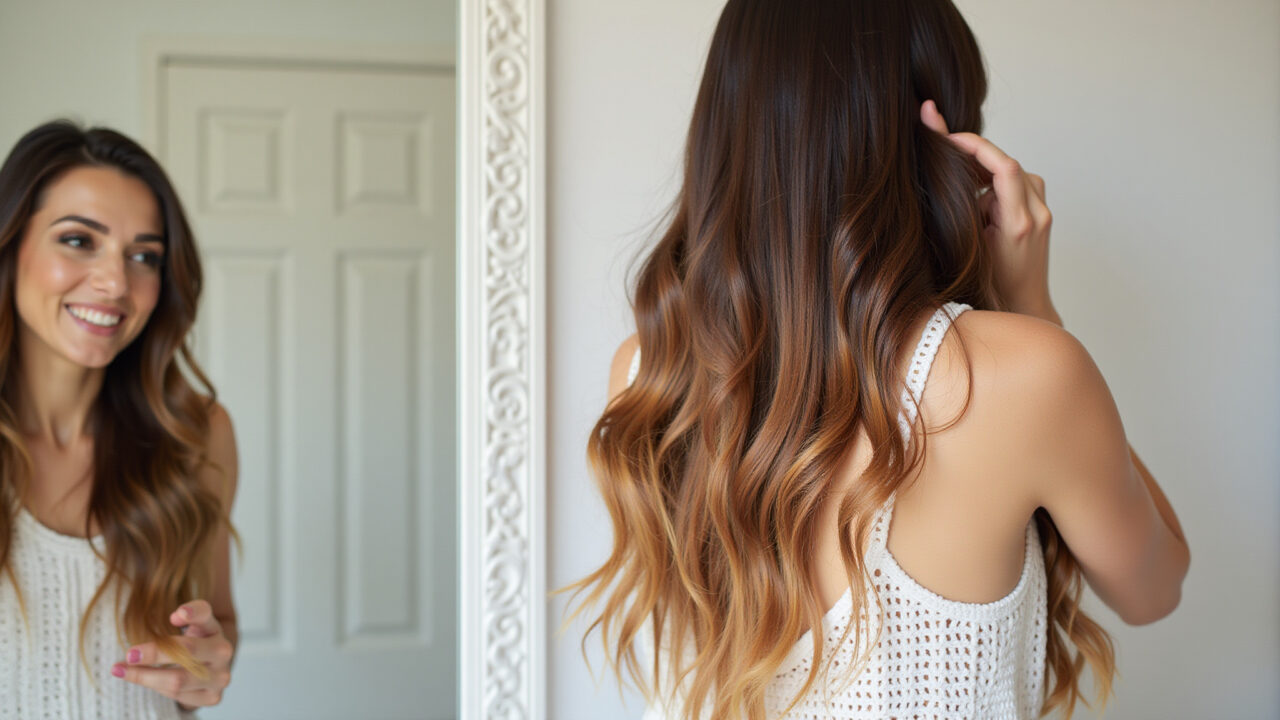 Lifestyle photography of a woman applying hair dye to the lower half of her long brown hair in a Mulher aplicando tinta para criar um efeito ombre hair em casa.