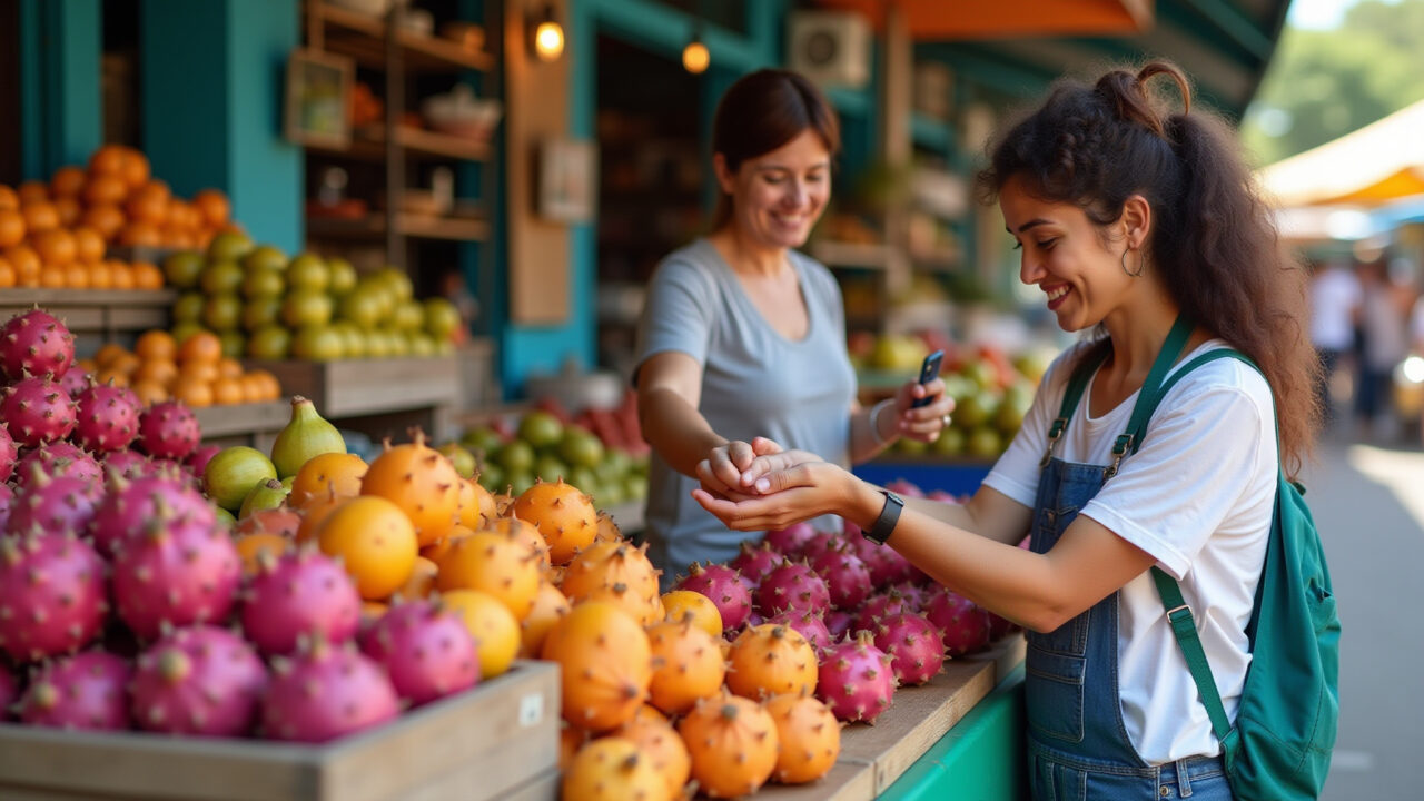 Lifestyle photography of a woman buying fresh pitaya at a local Brazilian market. Colorful fruit Mulher comprando pitaya fresca em feira no Brasil.