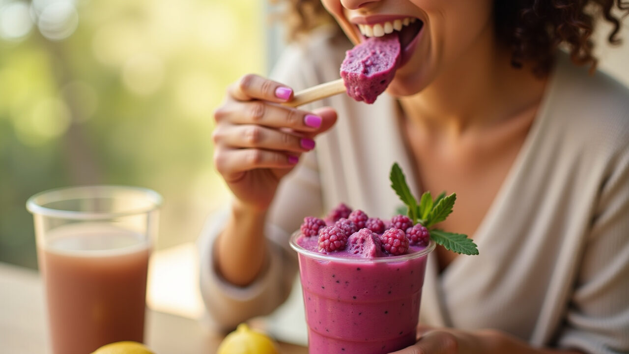 Lifestyle photography of a woman enjoying a pitaya-based dessert. Focus on the dessert, healthy Sobremesa saudável com pitaya para emagrecer.