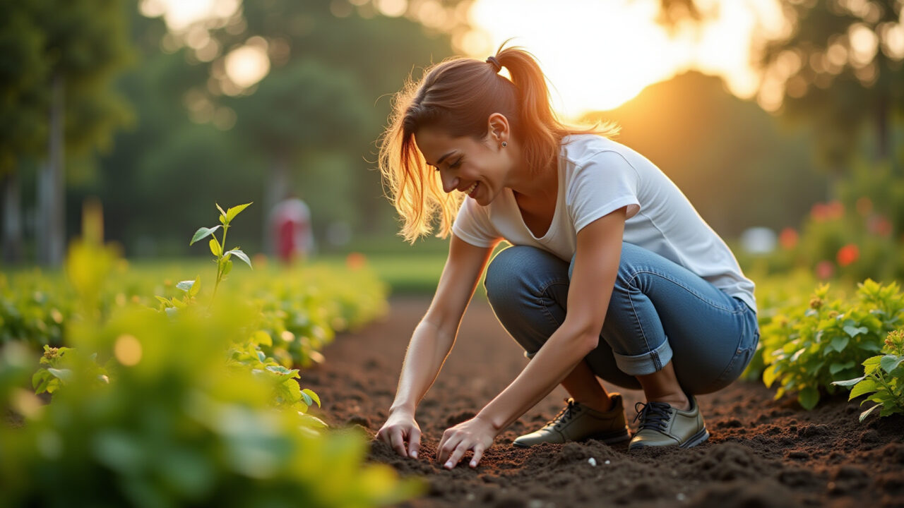 Lifestyle photography of a woman gardening, planting seeds with care, sunlight, representing Mulher plantando sementes em um jardim ensolarado, representando ações positivas.