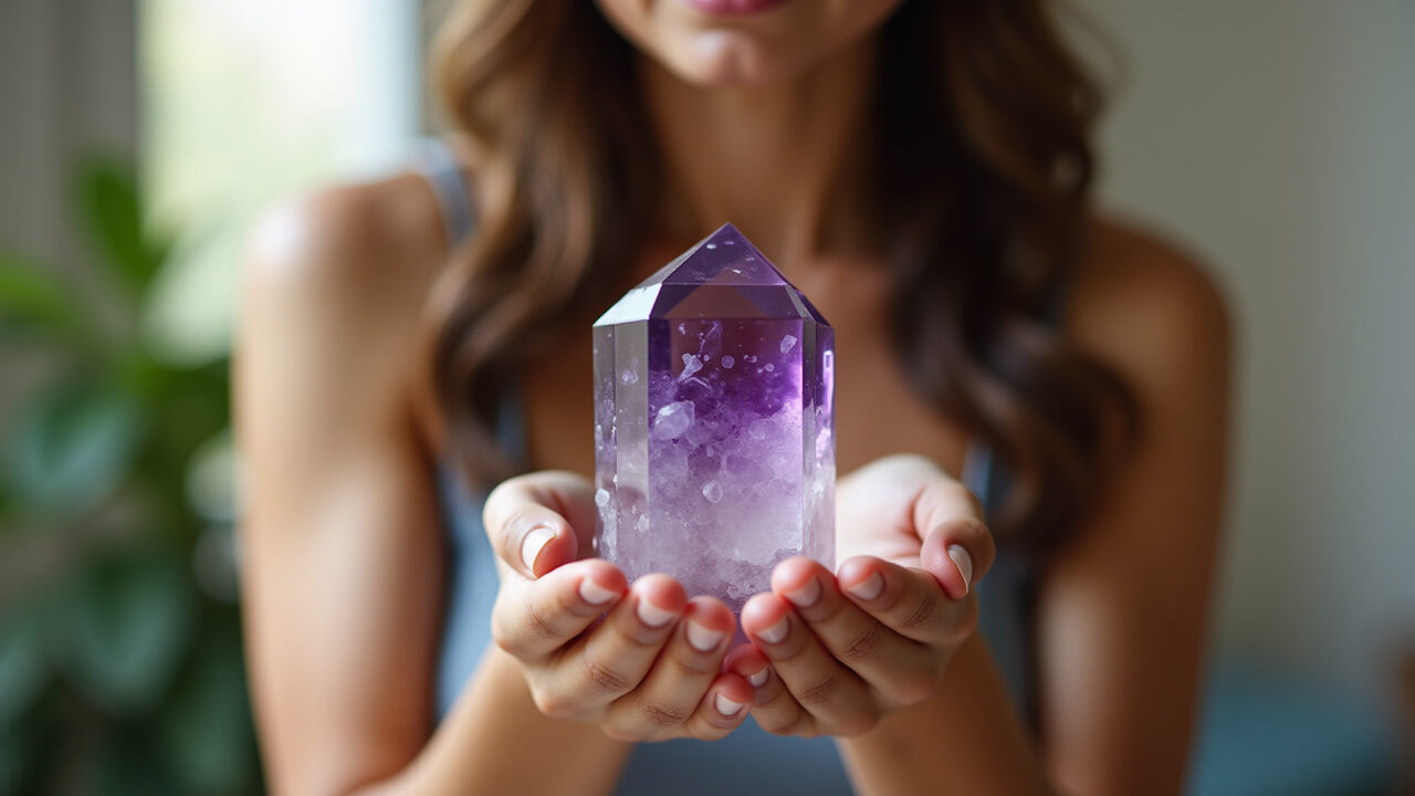 Lifestyle photography of a woman holding a purpurite crystal, visualizing releasing negative Mulher segurando purpurita, visualizando a libertação de padrões negativos.