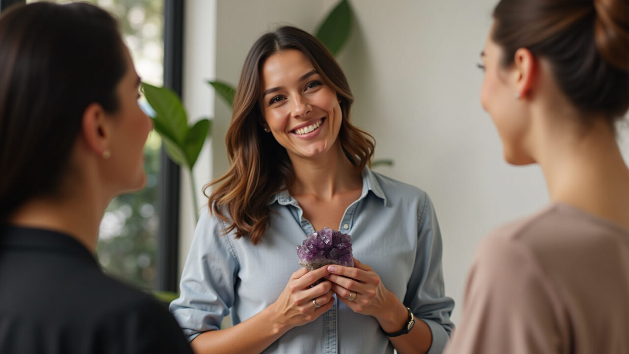 Lifestyle photography of a woman holding a purpurite crystal during a conversation, clear Mulher segurando purpurita durante conversa, comunicação clara.