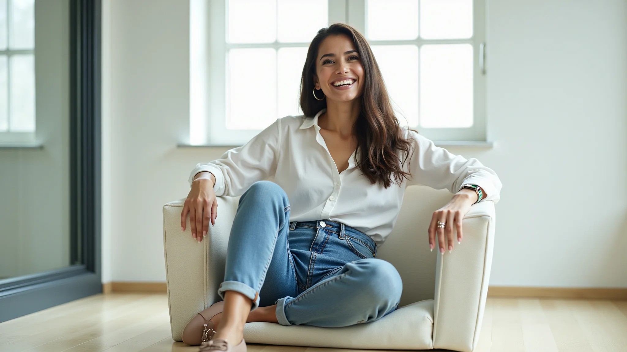 Mulher confiante em escritório moderno usando sapatilhas bege confortáveis e elegantes.