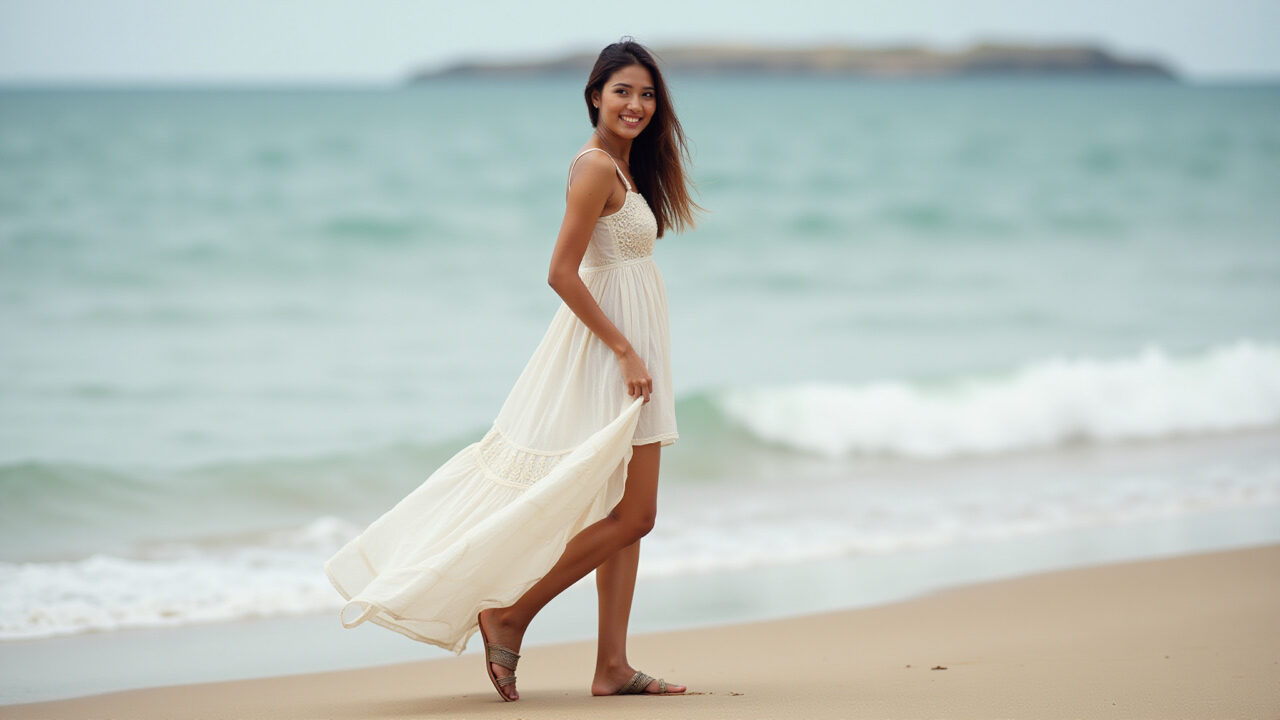 Lifestyle photography of a woman in a long cotton dress and sandals on a beach, 8K quality, sharp Mulher com vestido longo de algodão e rasteirinha na praia.