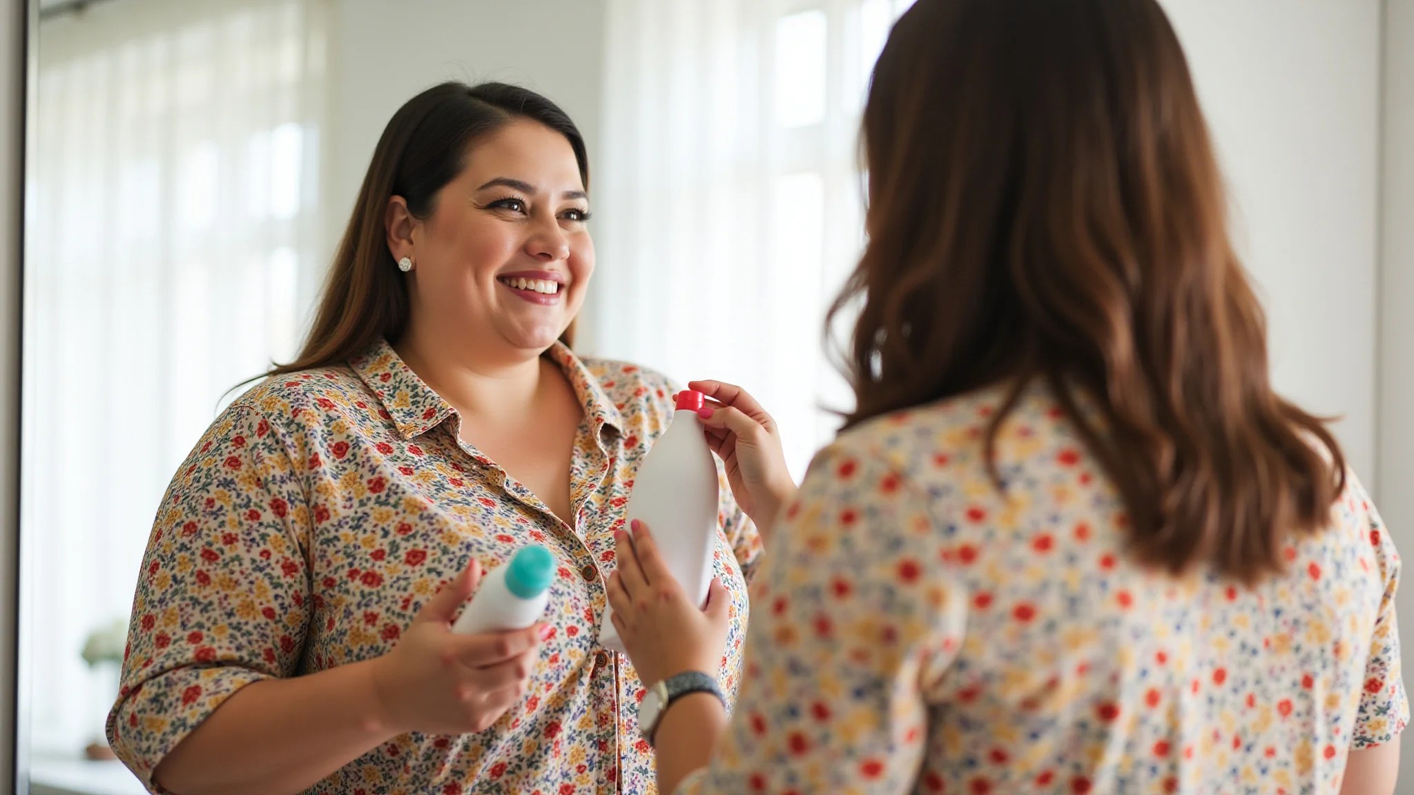 Mulher removendo mancha de batom de blusa colorida com detergente.