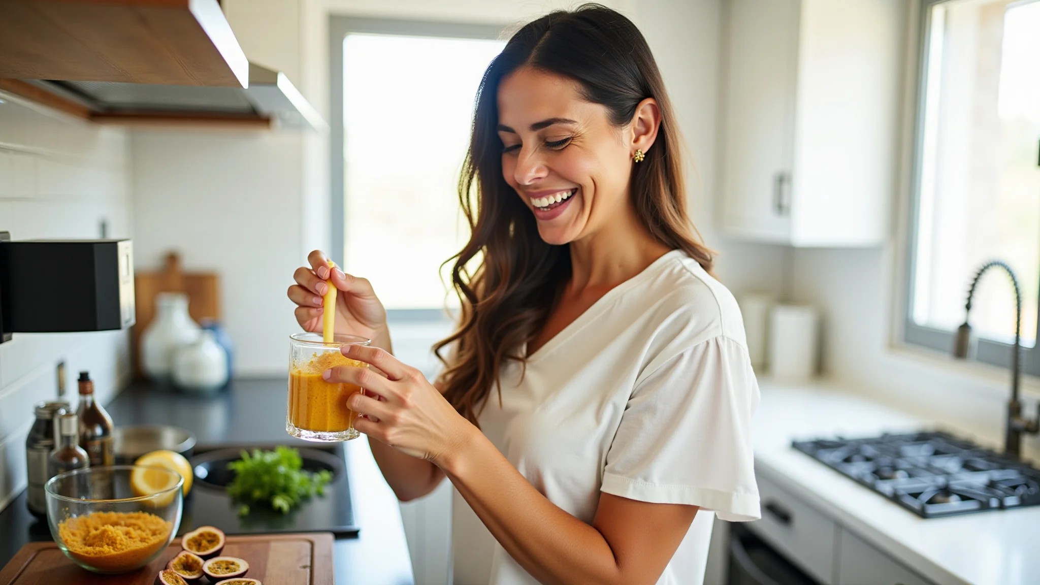 Mulher adicionando farinha de maracujá em um smoothie na cozinha.