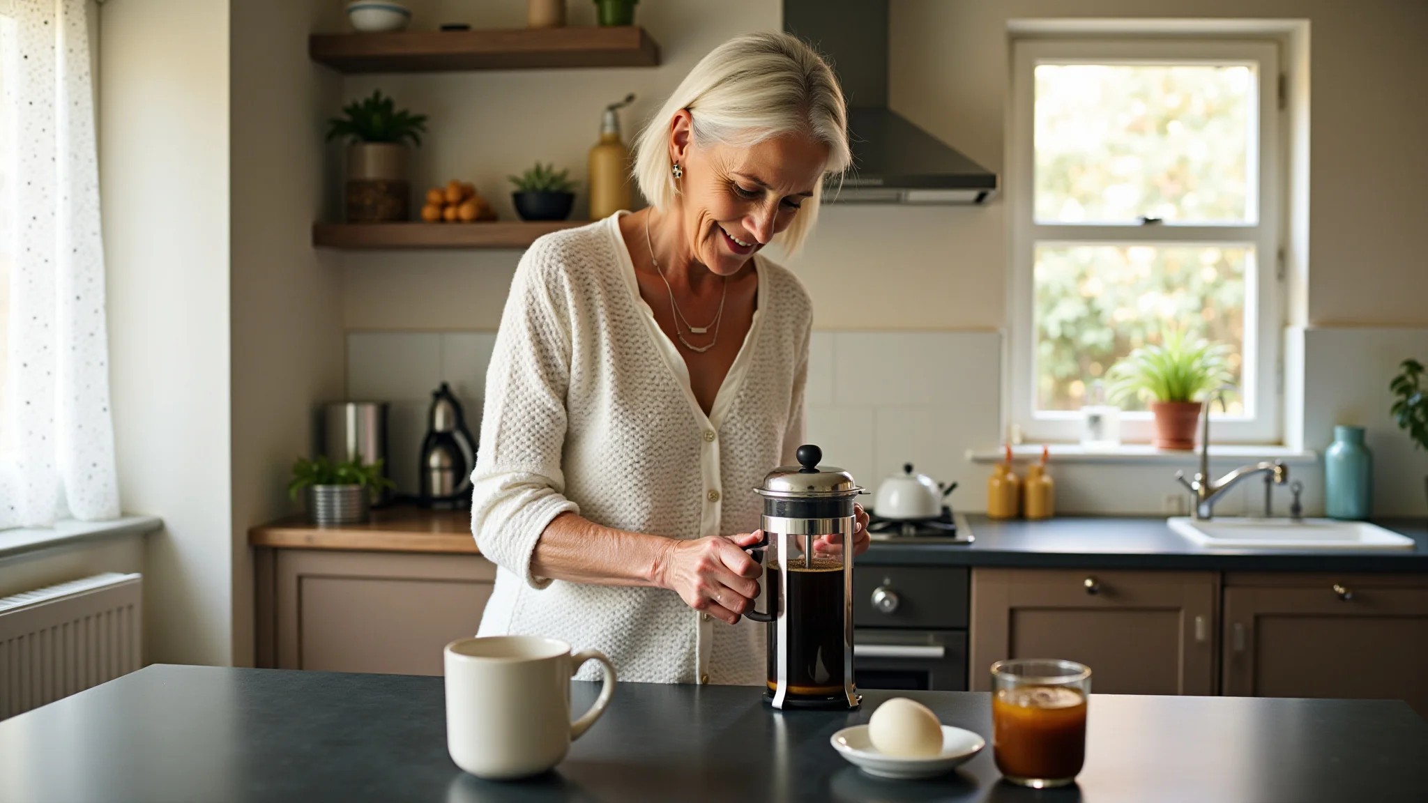 Mulher preparando café em casa usando prensa francesa em uma cozinha brasileira aconchegante.